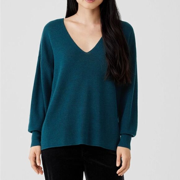 EILEEN FISHER Merino V-Neck Top Regenerative Wool Blue Spruce Women’s Size XXS - Picture 1 of 9